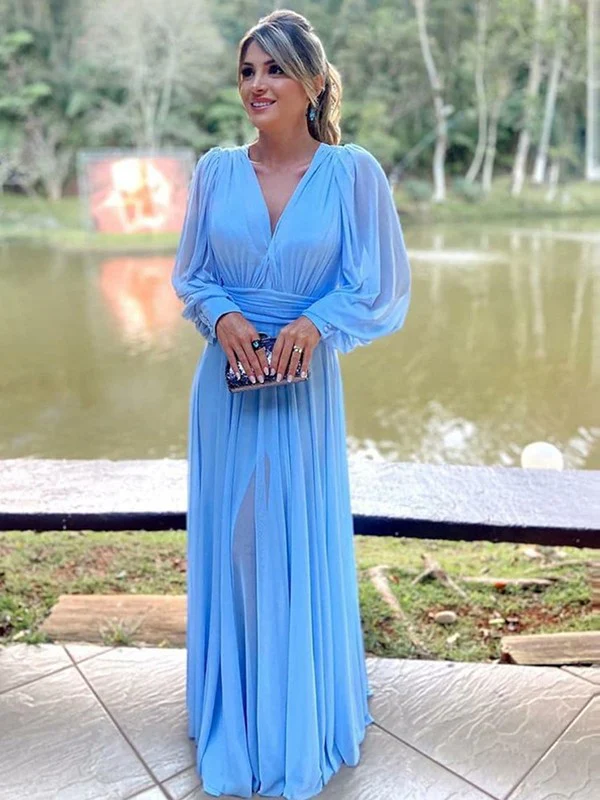 A-Line/Princess Chiffon Ruffles V-neck Long Sleeves Floor-Length Mother of the Bride Dresses - TREBLEV