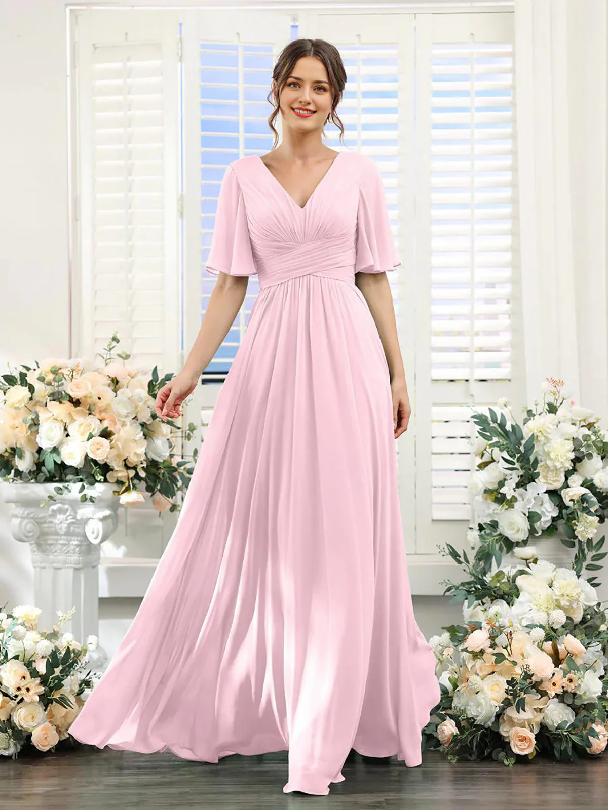A-Line V Neck Sleeve Bridesmaid Dress for Wedding Guest Long Chiffon Party Dresses with Slit - TREBLEV