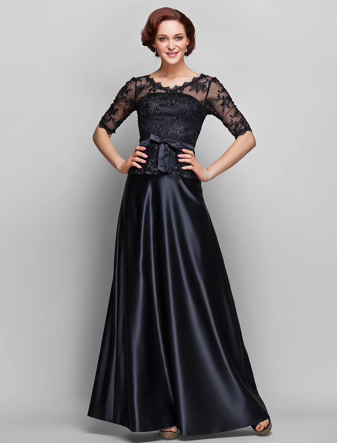 A-Line Mother of the Bride Dress  V Neck Floor Length Satin Lace Half Sleeve with Lace Bow(s) Beading - TREBLEV