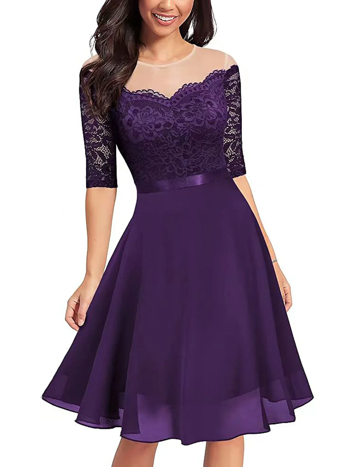 A-Line Cocktail Dresses Minimalist Dress Party Wear Knee Length Half Sleeve Jewel Neck Lace with Pleats - TREBLEV