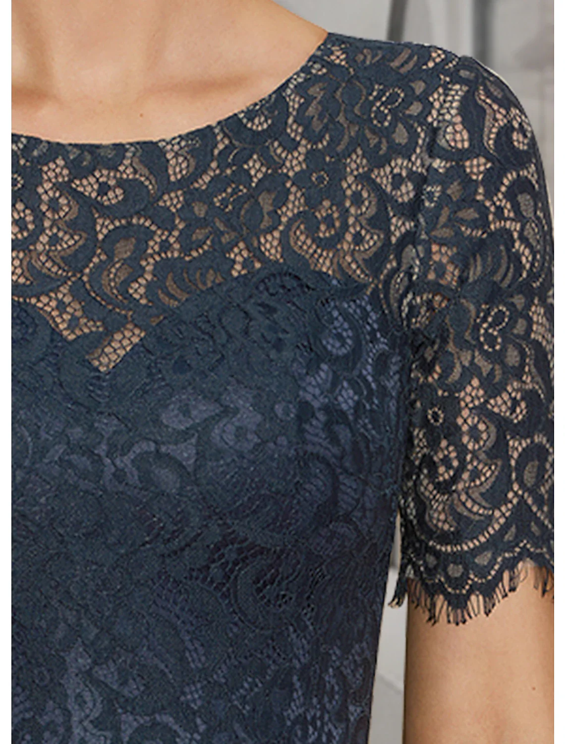 A-Line Mother of the Bride Dress Fall Wedding Guest Elegant High Low Jewel Neck Asymmetrical Tea Length Satin Lace Short Sleeve with Pleats - TREBLEV