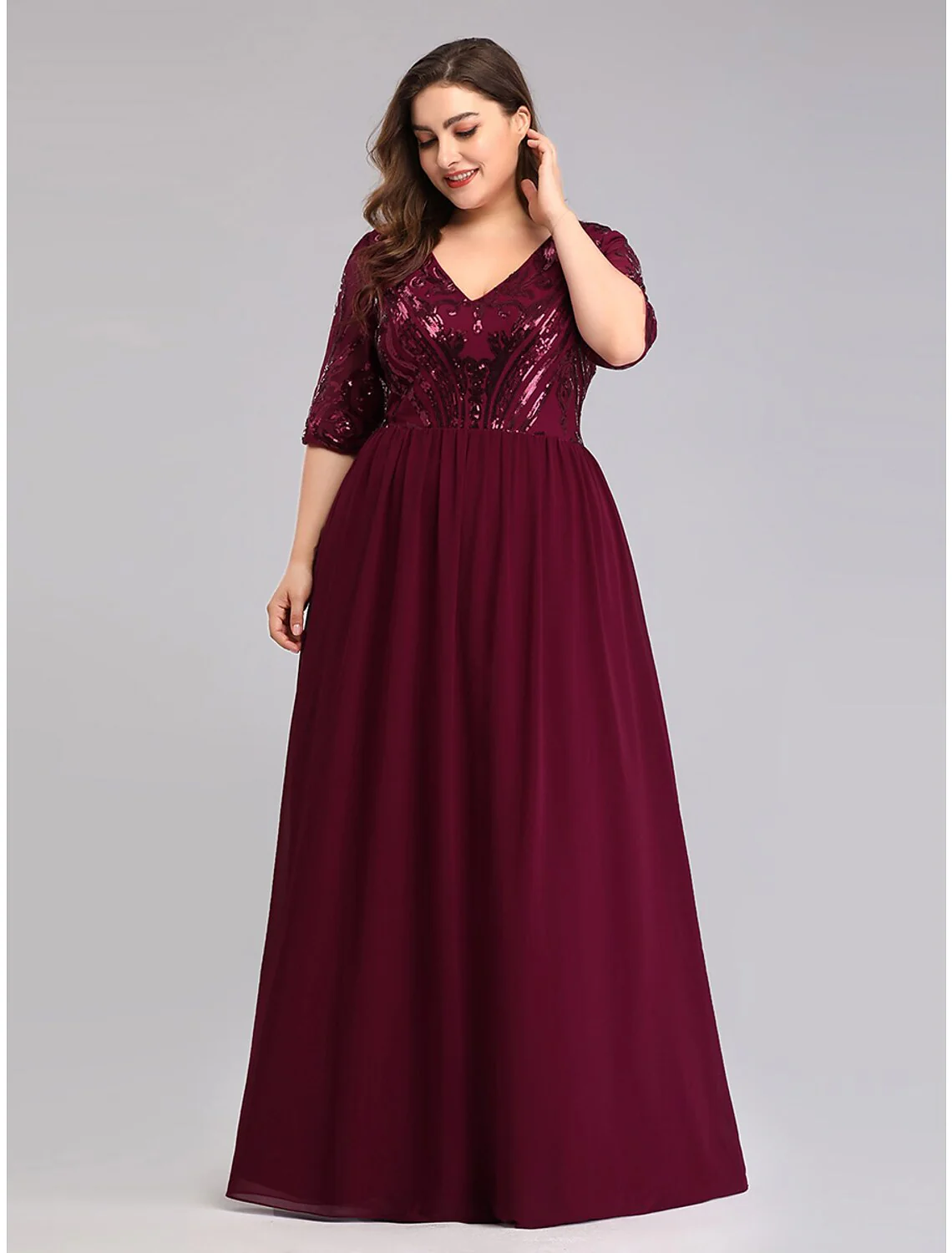 A-Line Prom Dresses Plus Size Dress Wedding Guest Floor Length Half Sleeve Plunging Neck Chiffon - TREBLEV