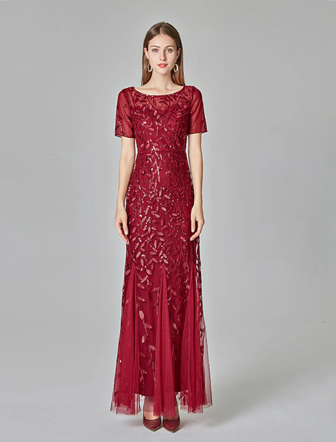 Mermaid / Trumpet Evening Gown Empire Dress Prom Floor Length Short Sleeve Jewel Neck Fall Wedding Guest Tulle with Embroidery - TREBLEV