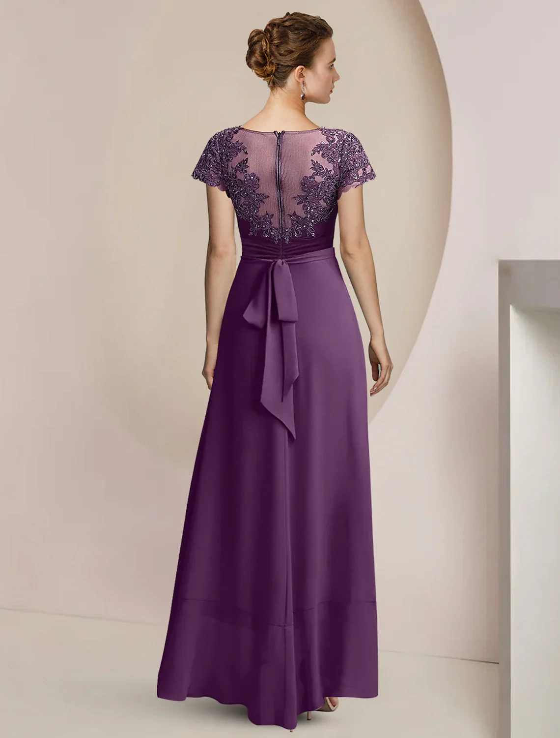 A-Line Mother of the Bride Dress Formal Wedding Guest Party Elegant Scoop Neck Asymmetrical Tea Length Chiffon Lace Short Sleeve with Beading Sequin Appliques - TREBLEV