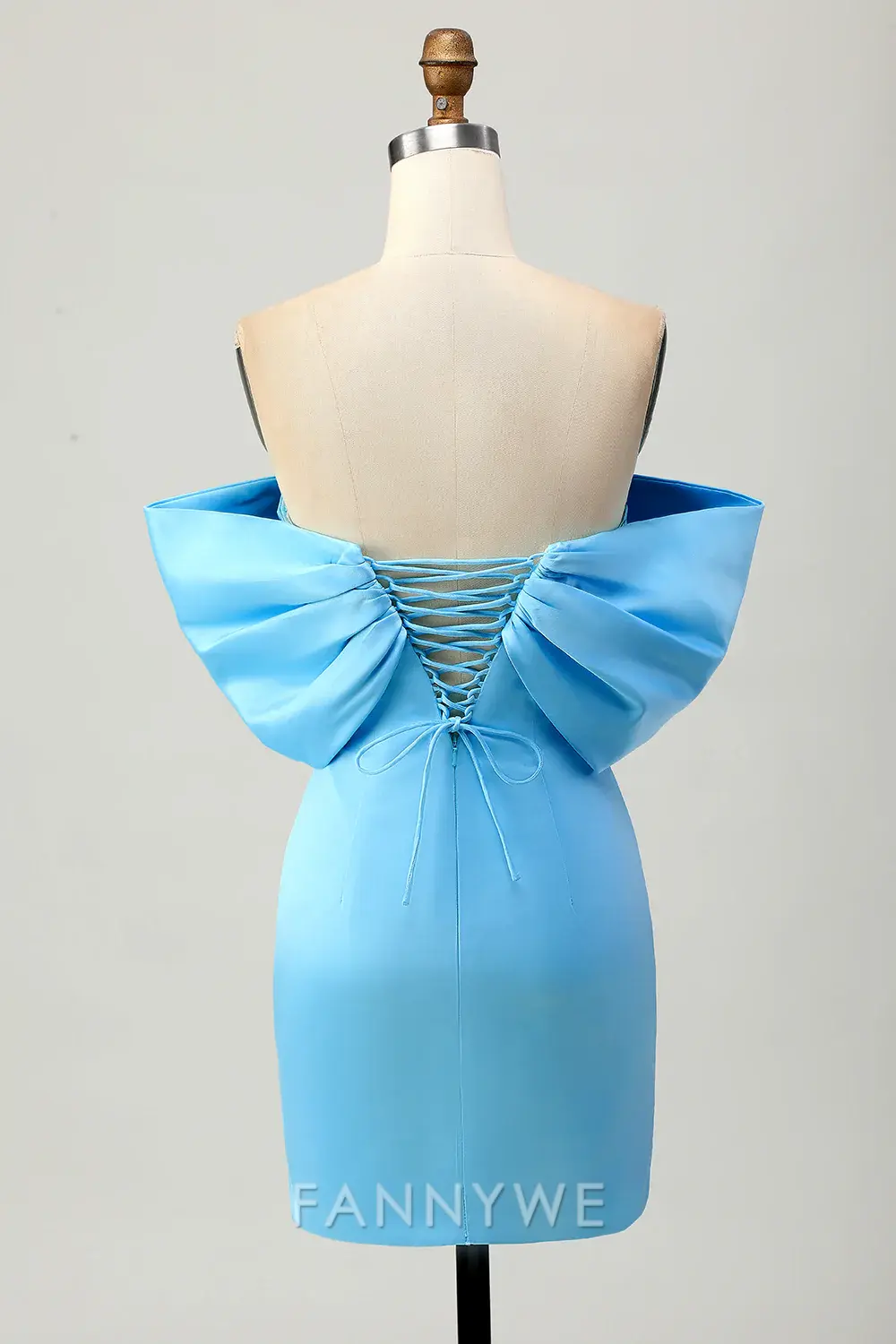 FannyWe Elegant Sparkly Blue Tight Satin Off the Shoulder Short Homecoming Dress with Bow formal wear dresses - TREBLEV