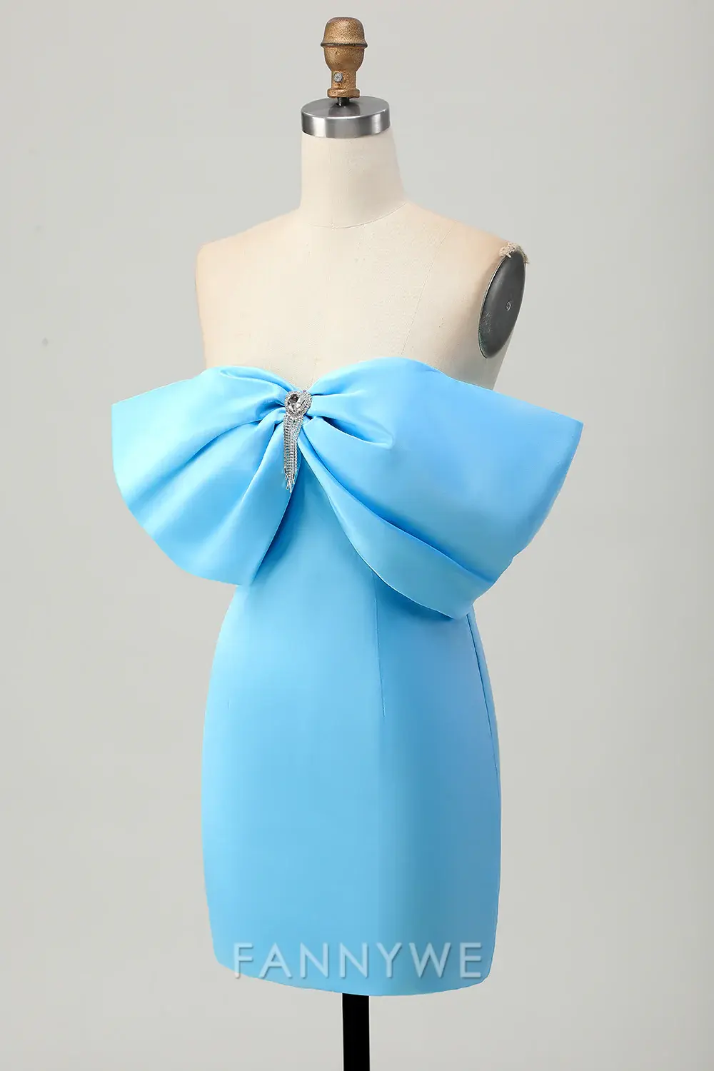 FannyWe Elegant Sparkly Blue Tight Satin Off the Shoulder Short Homecoming Dress with Bow formal wear dresses - TREBLEV