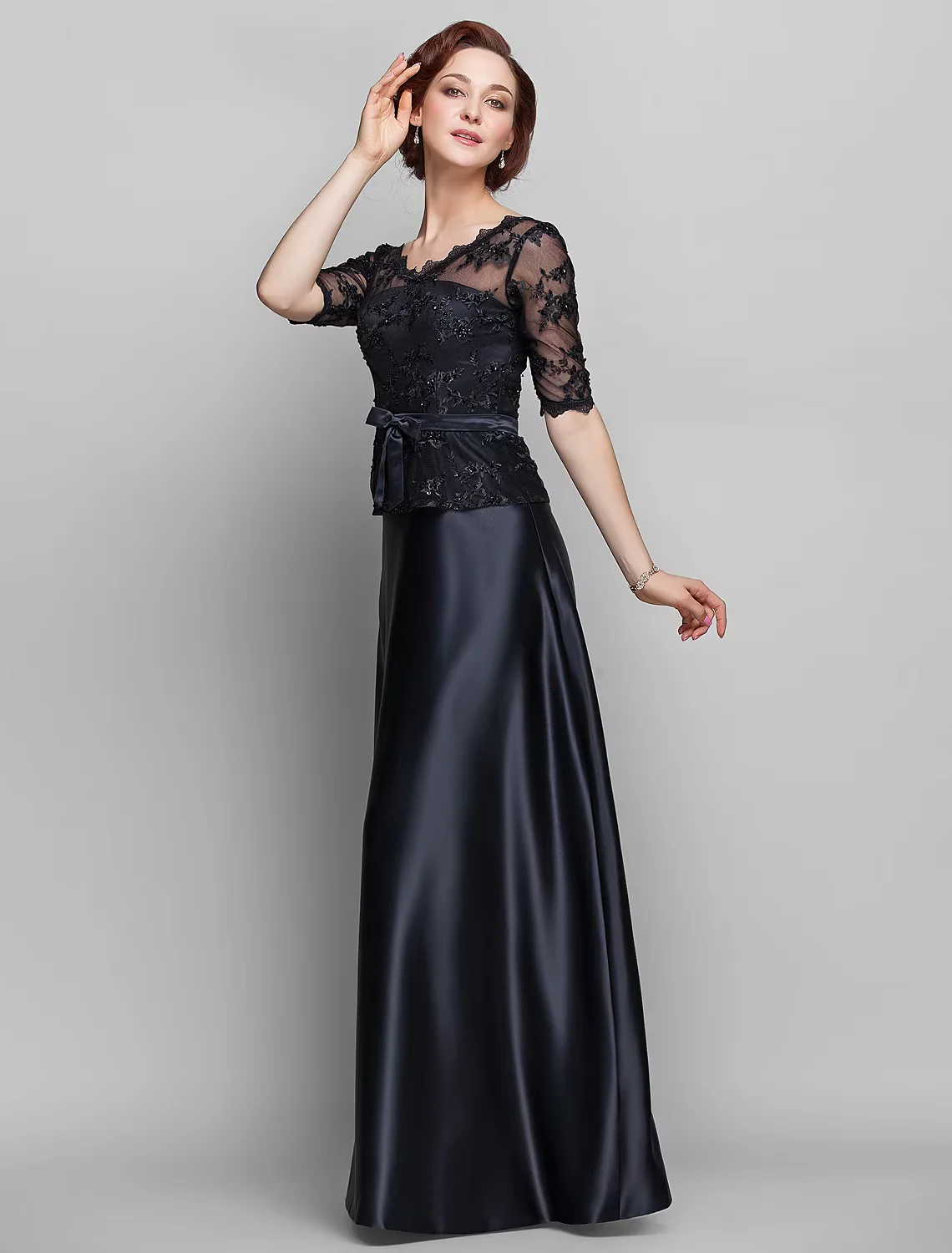 A-Line Mother of the Bride Dress  V Neck Floor Length Satin Lace Half Sleeve with Lace Bow(s) Beading - TREBLEV