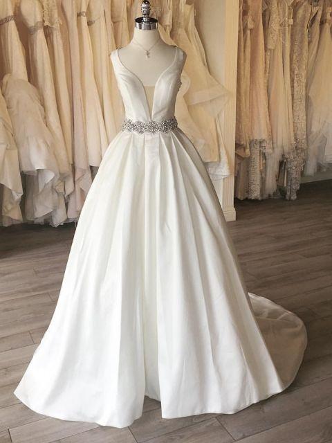 A Line Deep V Neck Satin Backless Beading Bride Dresses Ball Gown Wedding Dresses - TREBLEV