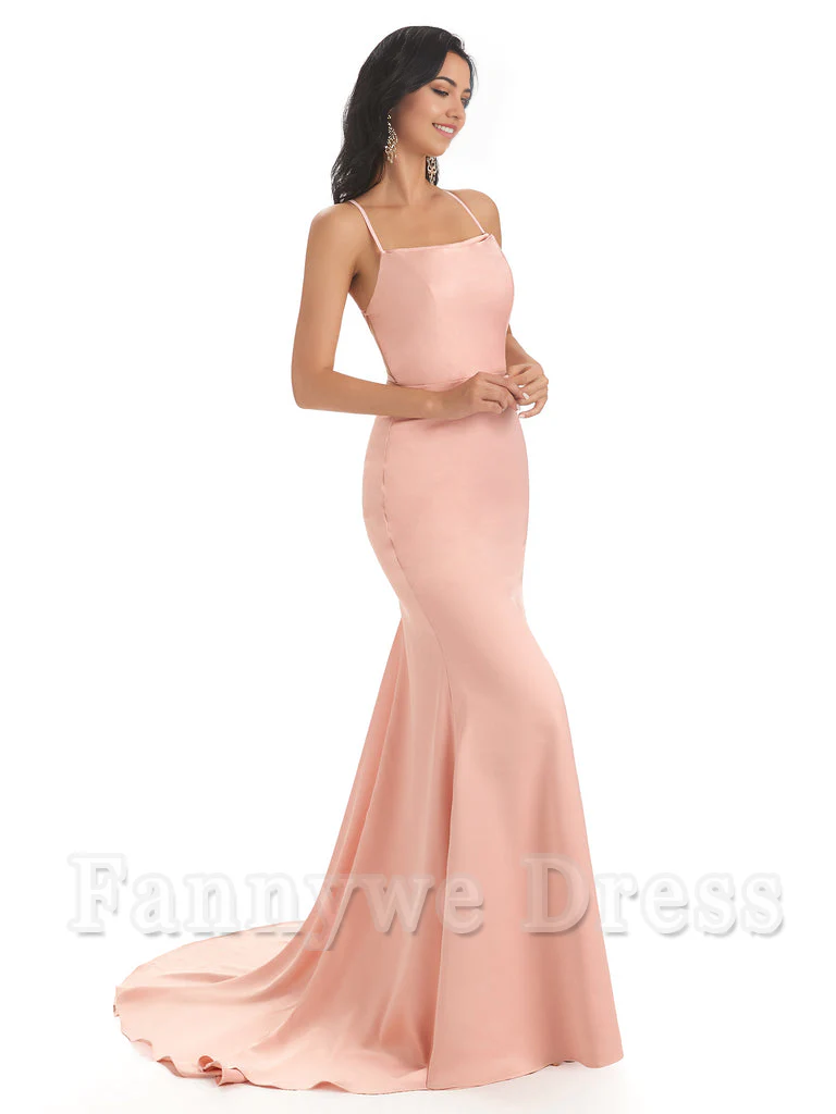 Mermaid Spaghetti Backless Straps Satin Long formal dresses evening gown Bridesmaid Dresses - TREBLEV