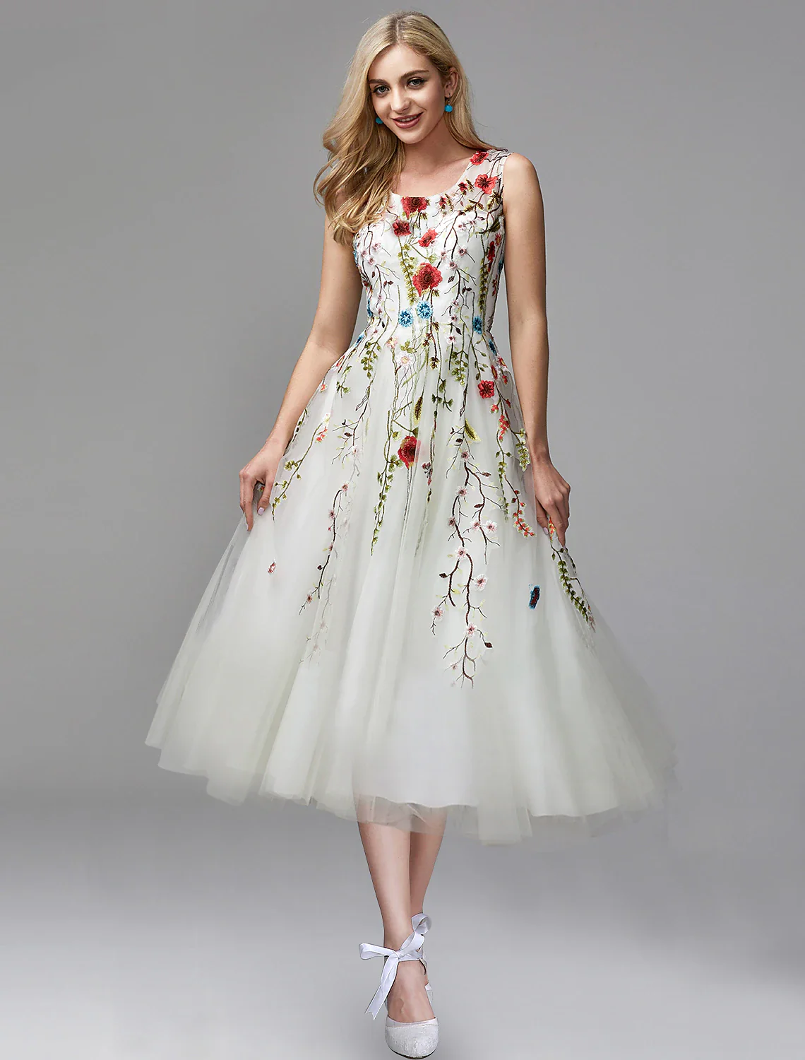 A-Line Prom Dresses Floral Dress Engagement Tea Length Sleeveless Jewel Neck Chiffon with Lace Insert Appliques - TREBLEV