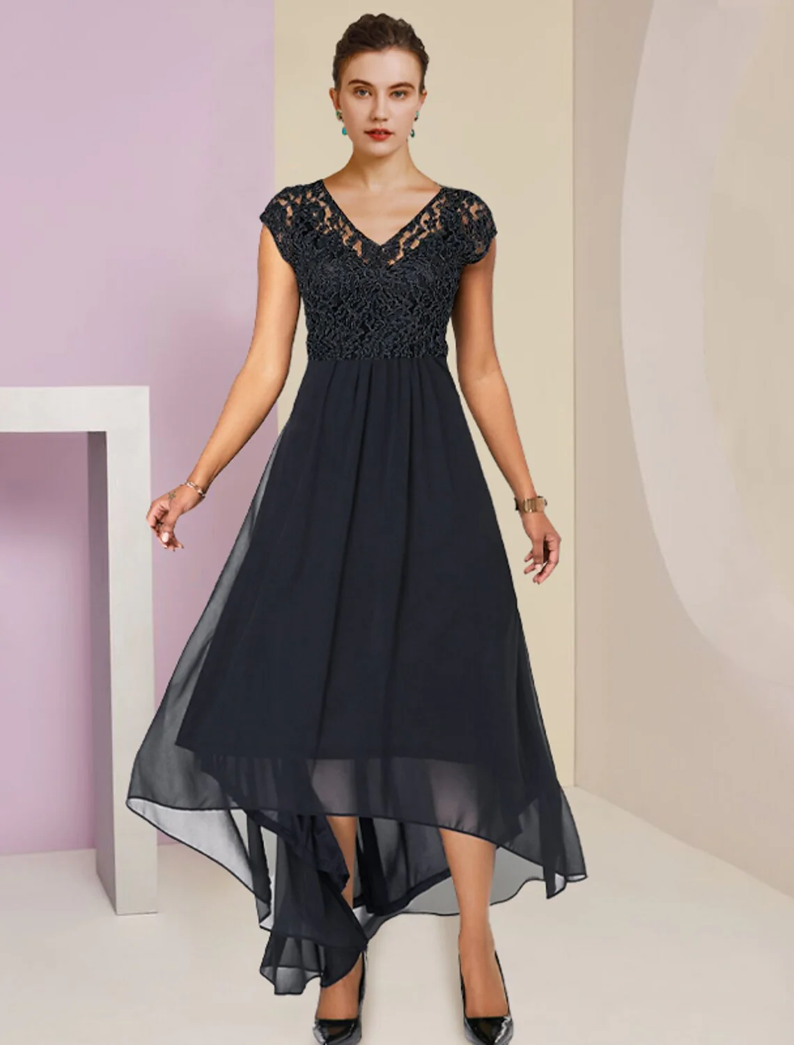 Two Piece A-Line Mother of the Bride Dress Formal Wedding Guest Elegant High Low V Neck Asymmetrical Tea Length Chiffon Lace Sleeveless Wrap Included with Pleats Appliques - TREBLEV