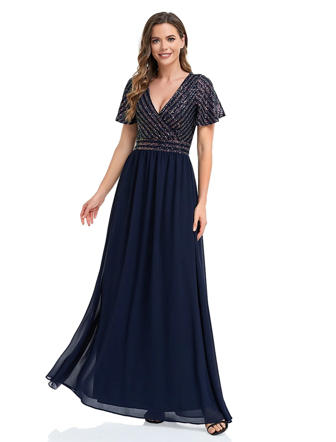 A-Line Evening Gown Elegant Dress Floor Length Short Sleeve V Neck Sequined - TREBLEV