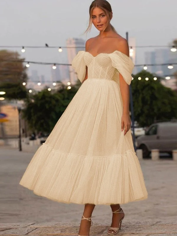 A-Line/Princess Tulle Ruffles Off-the-Shoulder Sleeveless Tea-Length Homecoming Dresses - TREBLEV