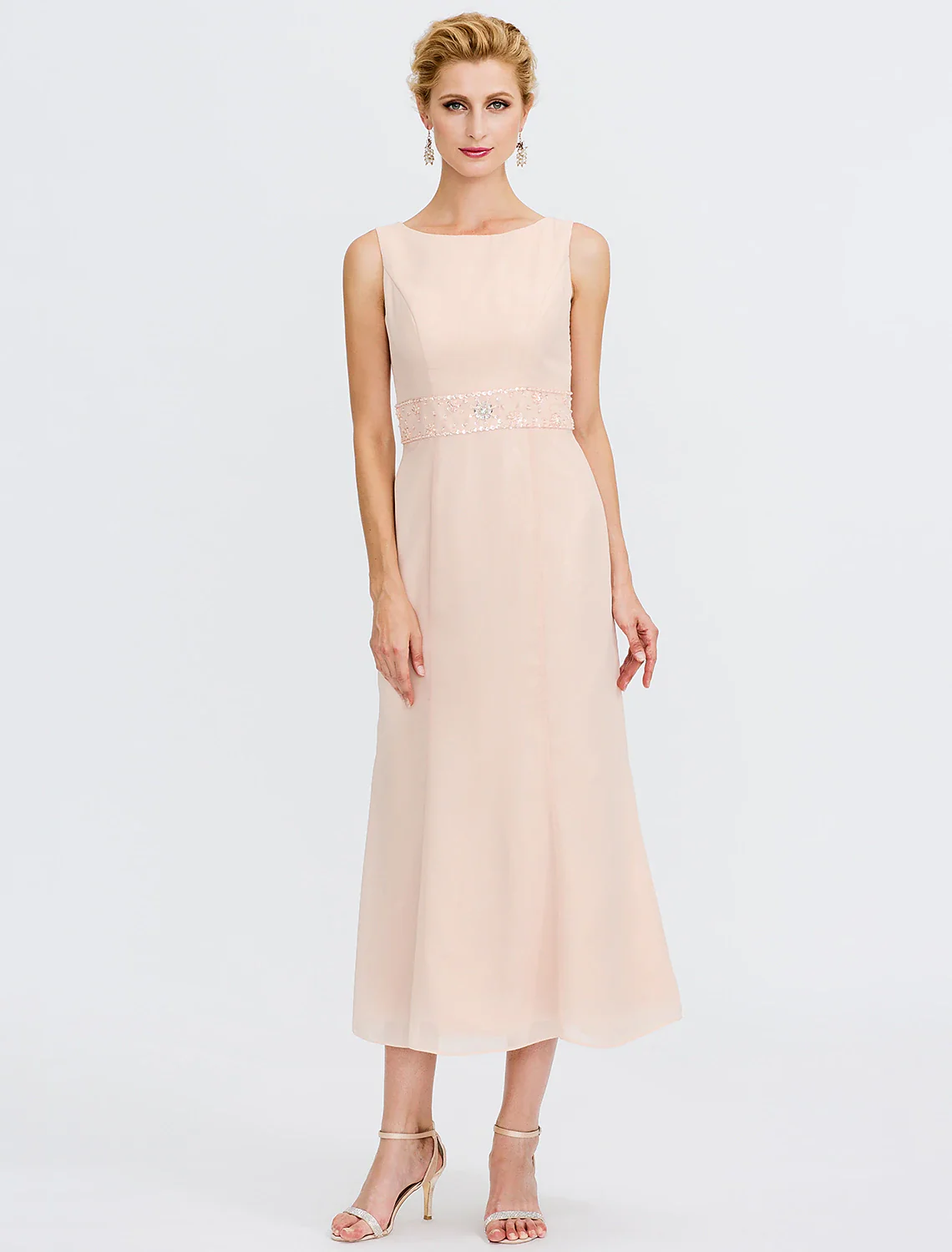 Two Piece Sheath / Column Mother of the Bride Dress Fall Wedding Guest Dresses Plus Size Elegant Jewel Neck Tea Length Chiffon Sleeveless Wrap Included with Sash / Ribbon Pleats Beading - TREBLEV