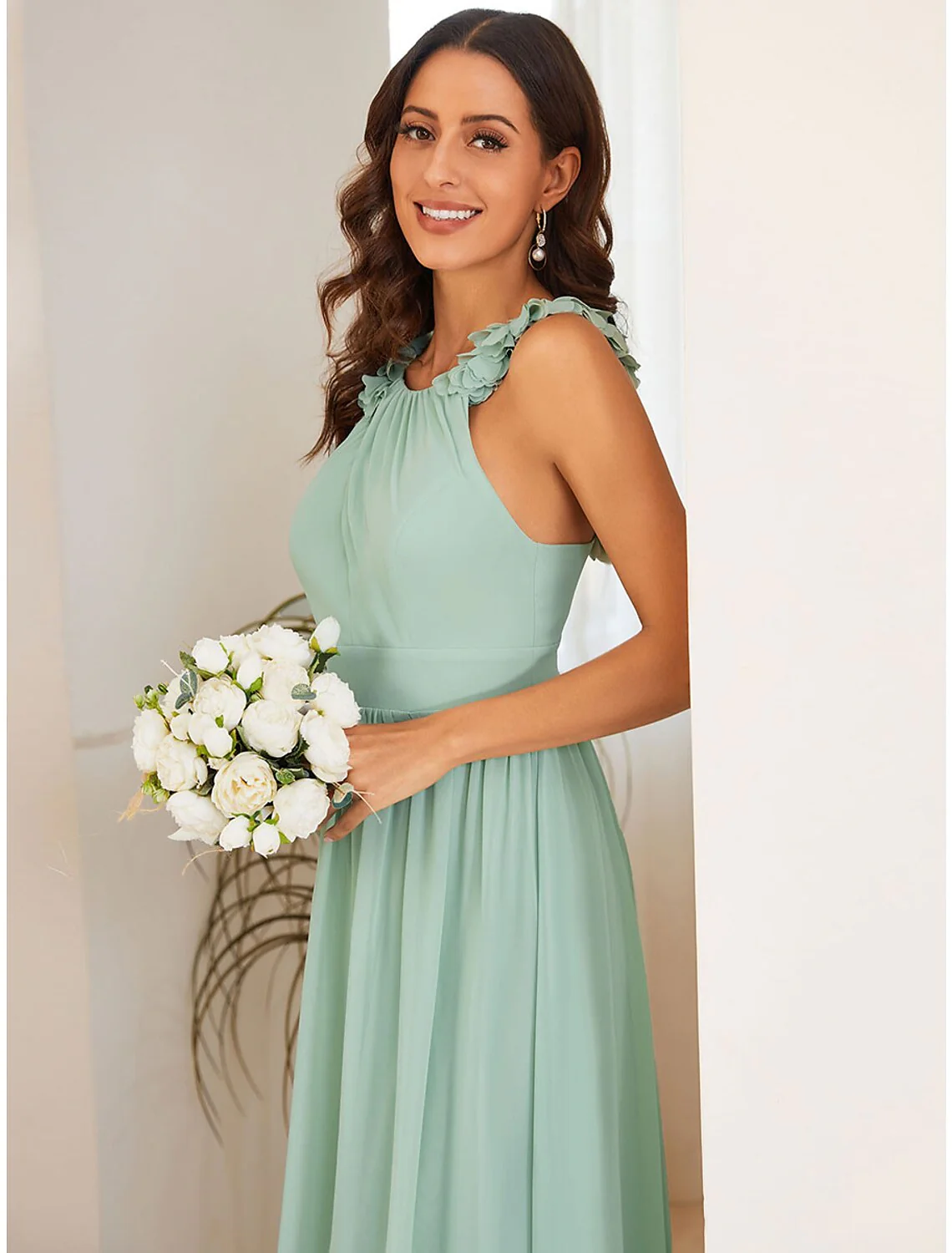 A-Line Wedding Guest Dresses Elegant Dress Formal Floor Length Sleeveless Jewel Neck Chiffon with Pleats Shouder Flower - TREBLEV