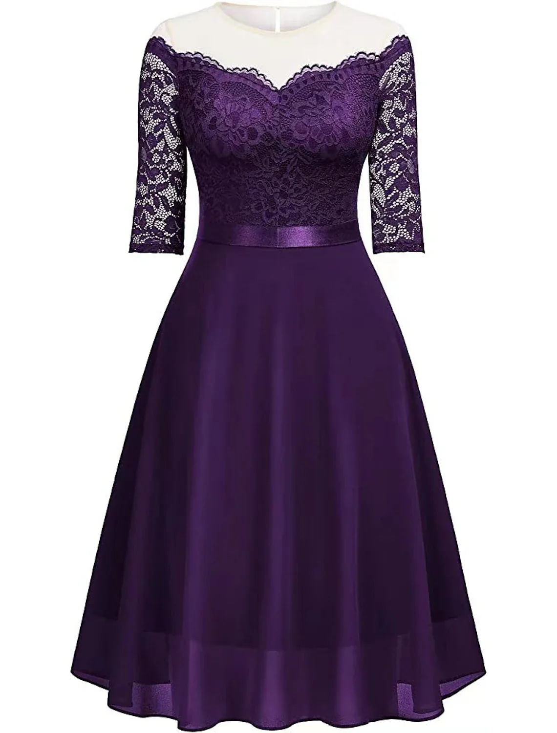 A-Line Cocktail Dresses Minimalist Dress Party Wear Knee Length Half Sleeve Jewel Neck Lace with Pleats - TREBLEV