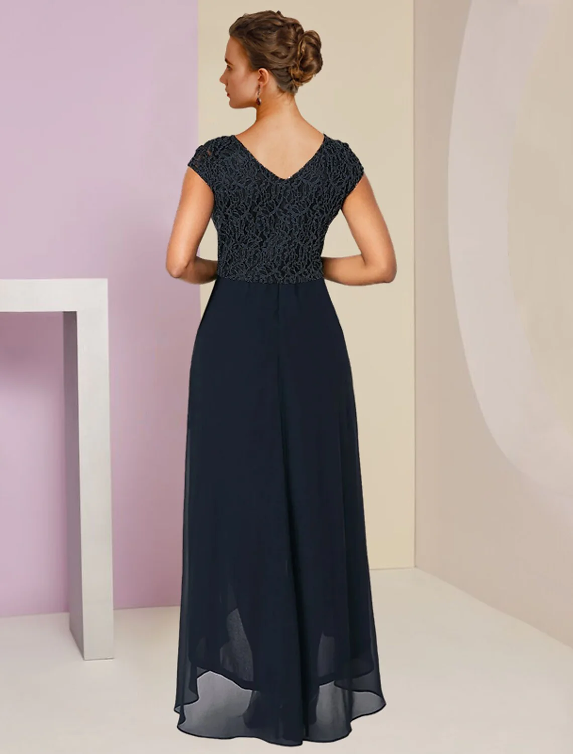 Two Piece A-Line Mother of the Bride Dress Formal Wedding Guest Elegant High Low V Neck Asymmetrical Tea Length Chiffon Lace Sleeveless Wrap Included with Pleats Appliques - TREBLEV