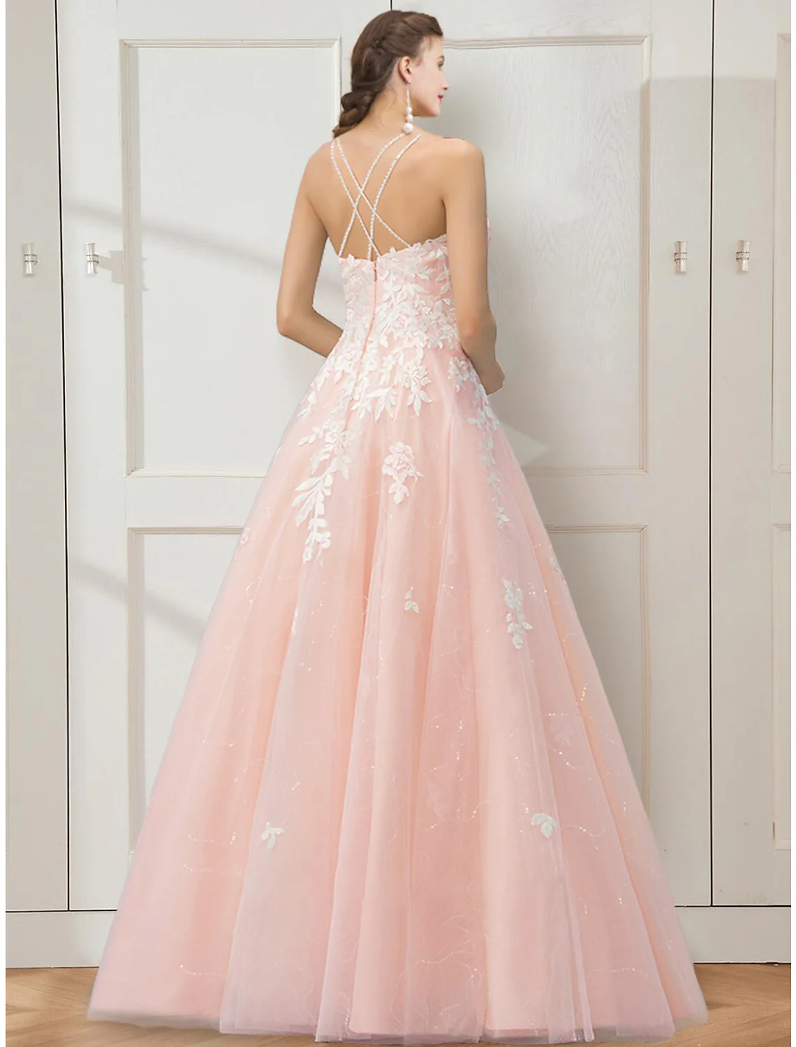Ball Gown Prom Dresses Floral Dress Masquerade Floor Length Sleeveless Spaghetti Strap Tulle Crisscross Back with Embroidery - TREBLEV