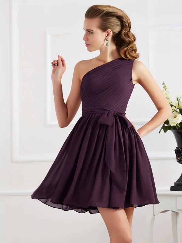 A-Line Chiffon One-Shoulder Sleeveless Short/Mini With Pleats Bridesmaid Dresses - TREBLEV