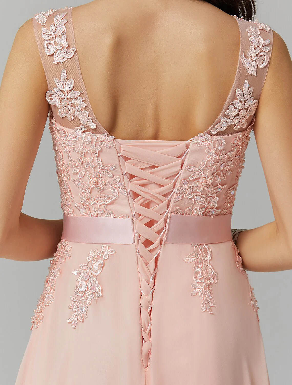 A-Line Evening Gown High Waisted Prom Dress Bridesmaid Wedding Guest Chiffon Floor Length Sleeveless Illusion Neck Georgette with Appliques - TREBLEV