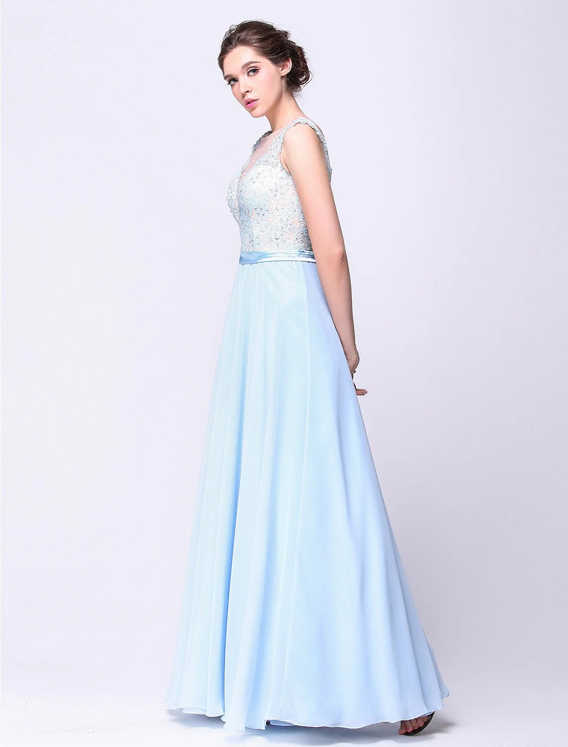 Open Back Dress Holiday Floor Length Sleeveless Chiffon Beading Appliques - TREBLEV