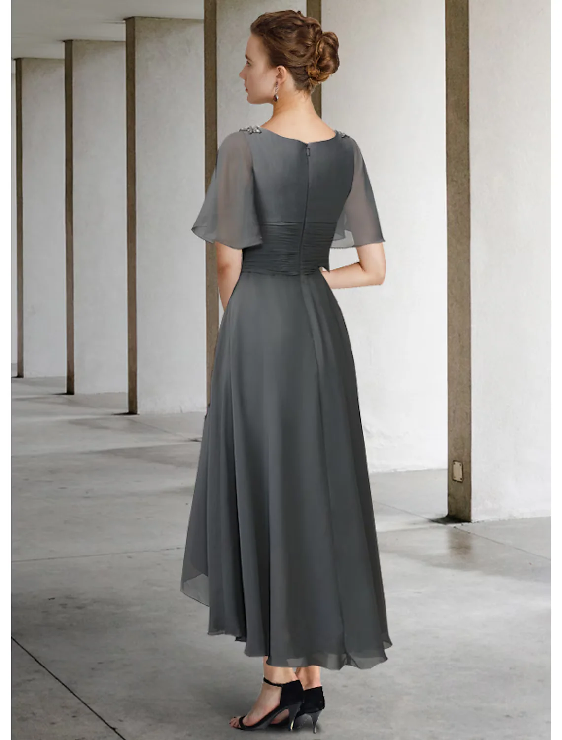 A-Line Mother of the Bride Dress Elegant High Low V Neck Asymmetrical Chiffon Short Sleeve with Pleats Ruching - TREBLEV