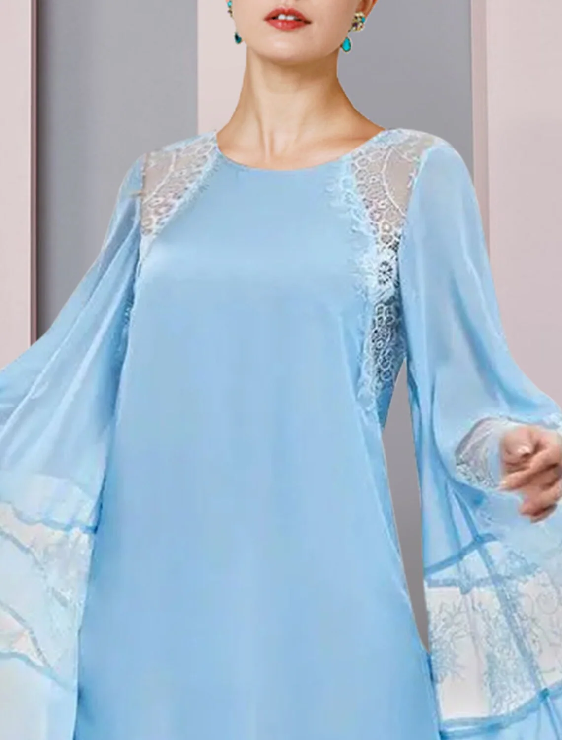 A-Line Mother of the Bride Dress Formal Wedding Guest Plus Size Elegant Jewel Neck Short Mini Lace Long Sleeve with Ruffles - TREBLEV