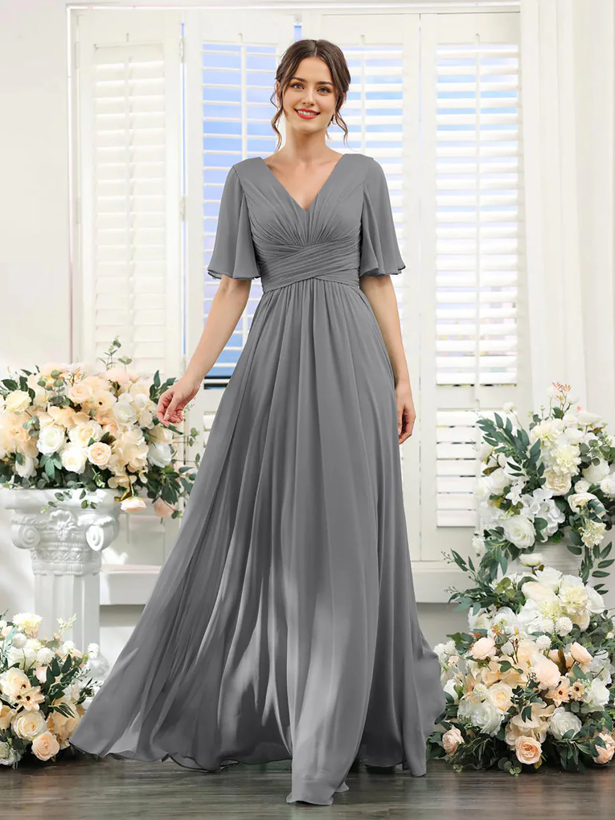 A-Line V Neck Sleeve Bridesmaid Dress for Wedding Guest Long Chiffon Party Dresses with Slit - TREBLEV