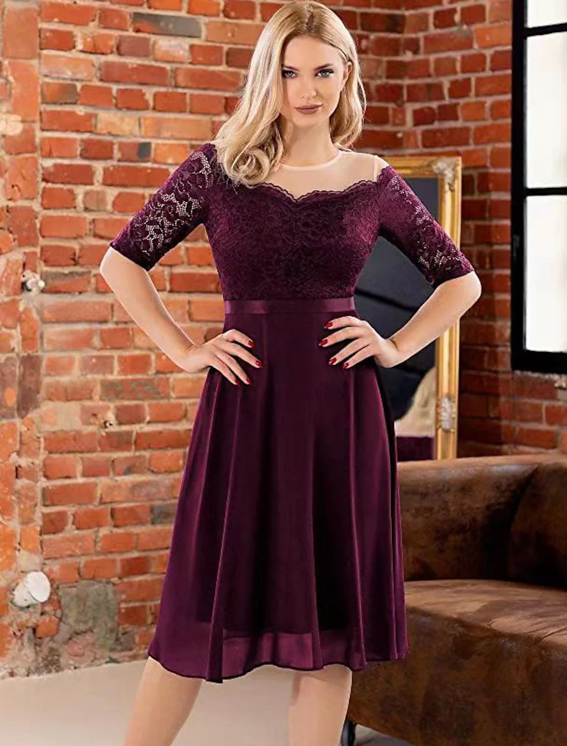 A-Line Cocktail Dresses Minimalist Dress Party Wear Knee Length Half Sleeve Jewel Neck Lace with Pleats - TREBLEV