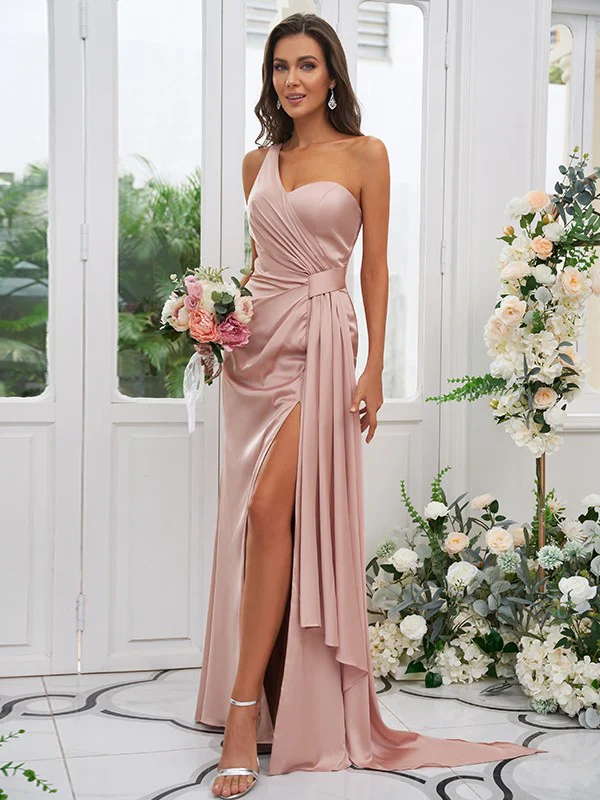 Sheath/Column Ruched One-Shoulder Sleeveless Floor-Length Bridesmaid Dresses - TREBLEV