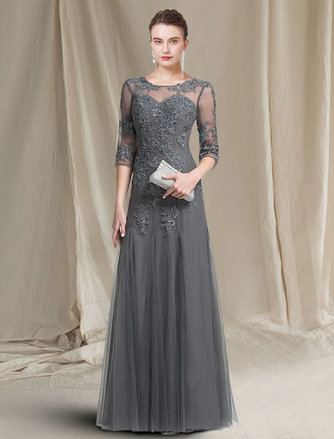 A-Line Mother of the Bride Dress Luxurious Elegant Jewel Neck Floor Length Lace Tulle 3/4 Length Sleeve with Appliques - TREBLEV