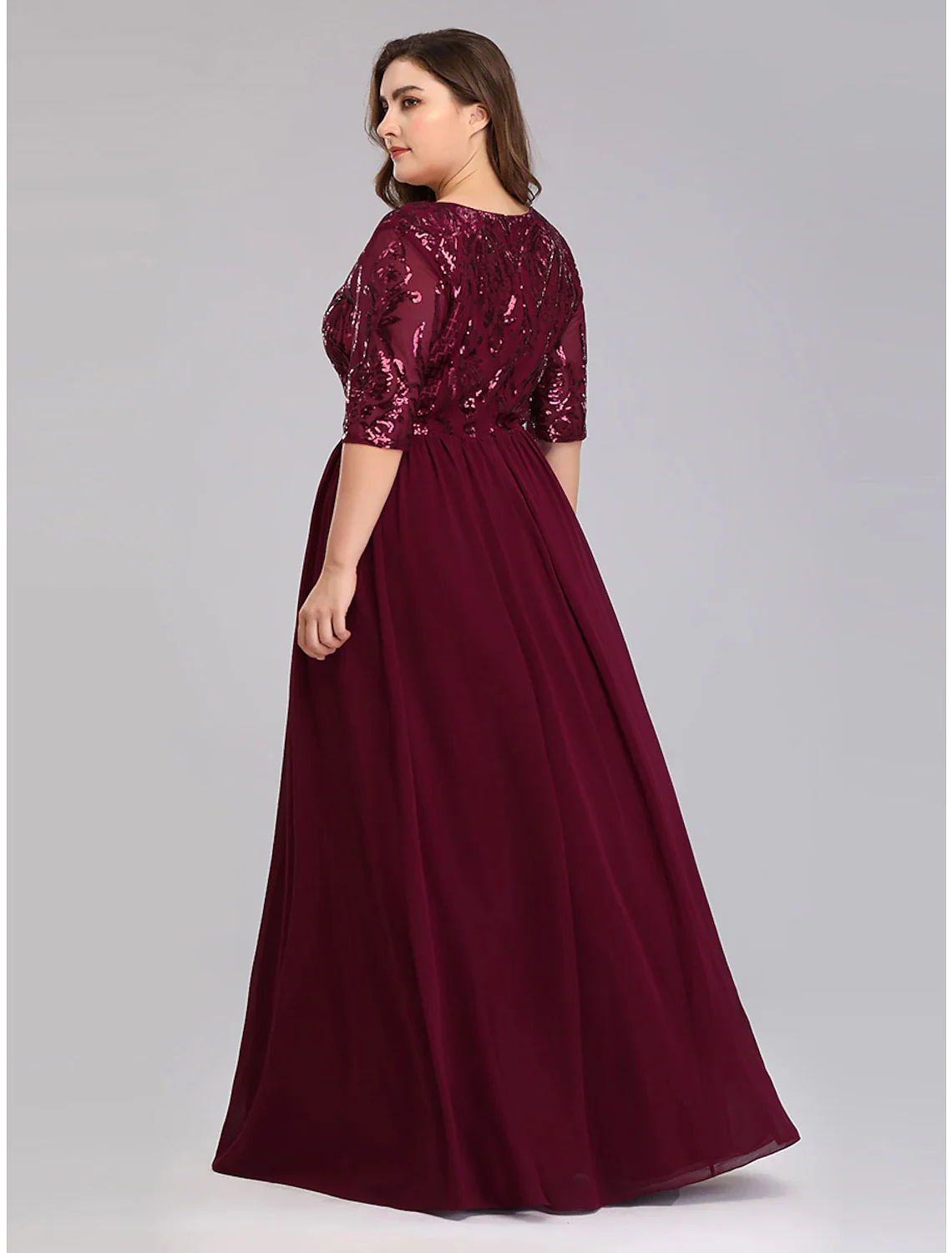 A-Line Prom Dresses Plus Size Dress Wedding Guest Floor Length Half Sleeve Plunging Neck Chiffon - TREBLEV