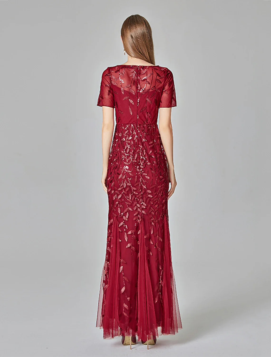 Mermaid / Trumpet Evening Gown Empire Dress Prom Floor Length Short Sleeve Jewel Neck Fall Wedding Guest Tulle with Embroidery - TREBLEV