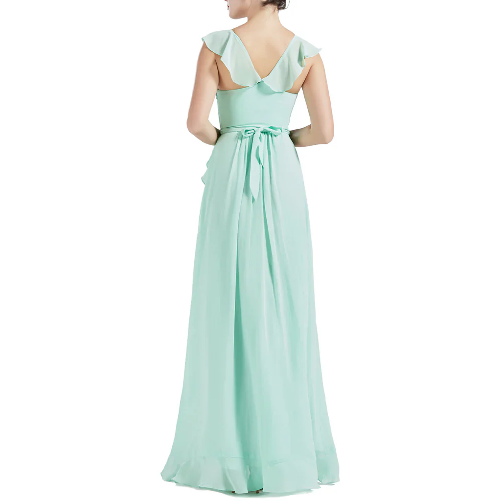 V Neck Ruffle Cap Sleeve Long Wedding Bridesmaid Dresses - TREBLEV