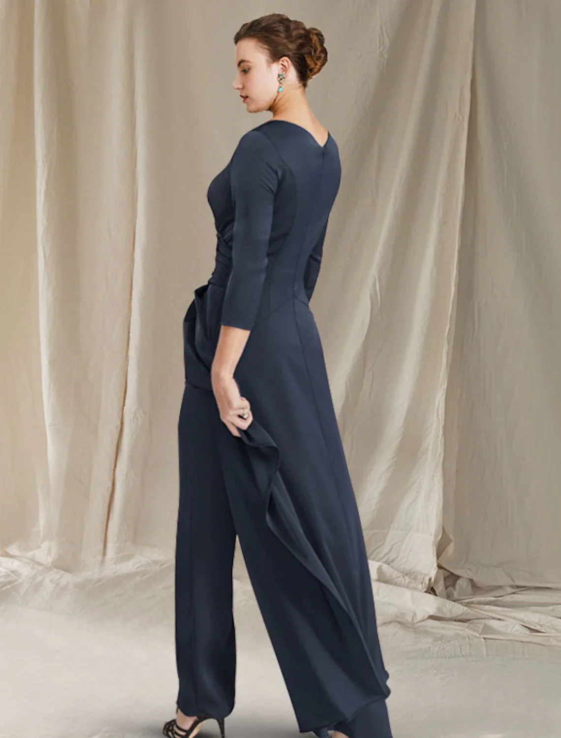 Jumpsuit / Pantsuit Mother of the Bride Dress Elegant V Neck Floor Length Chiffon 3/4 Length Sleeve with Ruched Ruffles - TREBLEV