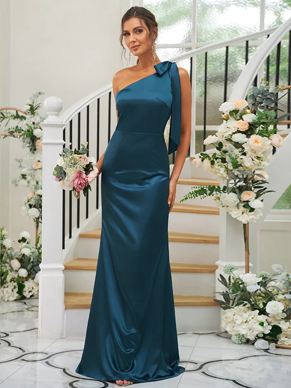 Sheath/Column Silk like Satin Bowknot One-Shoulder Sleeveless Floor-Length Bridesmaid Dresses - TREBLEV