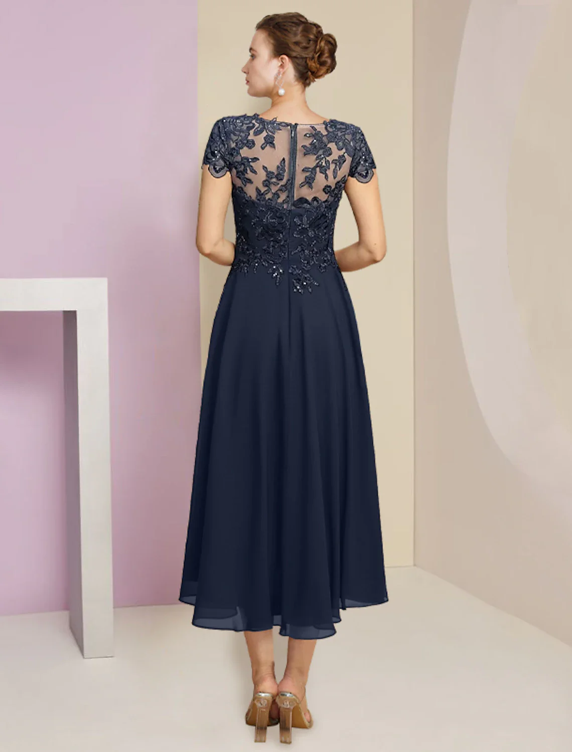 Two Piece A-Line Mother of the Bride Dress Formal Elegant Scoop Neck Tea Length Chiffon Lace Short Sleeve Wrap Included with Pleats Sequin Appliques - TREBLEV