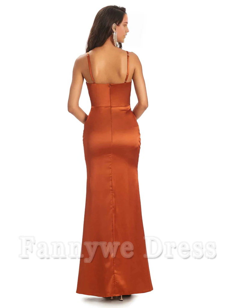 Sheath V-Neck Spaghetti Straps Satin Pleats Side Slit formal dresses evening gown Bridesmaid Dresses - TREBLEV