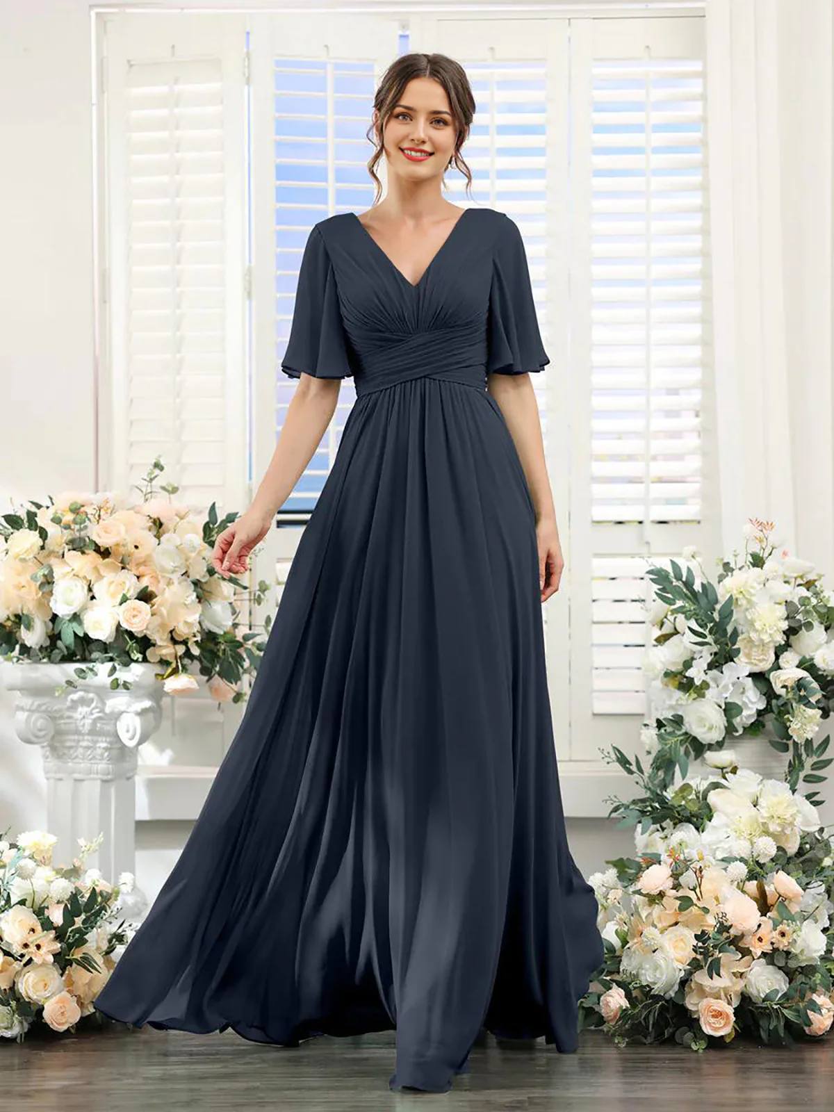 A-Line V Neck Sleeve Bridesmaid Dress for Wedding Guest Long Chiffon Party Dresses with Slit - TREBLEV