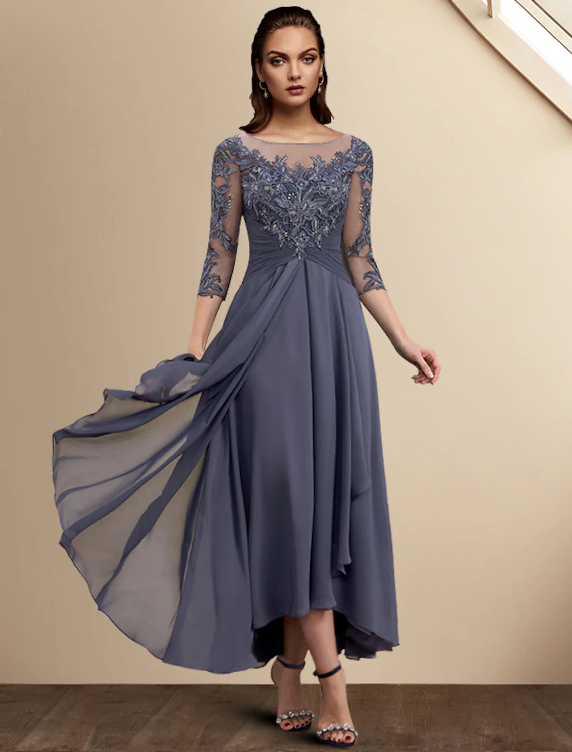A-Line Mother of the Bride Dress Wedding Guest Plus Size Elegant High Low Jewel Neck Asymmetrical Tea Length Chiffon Lace 3/4 Length Sleeve with Sequin Appliques Fall - TREBLEV