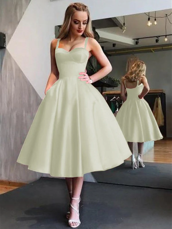 A-Line Straps Satin Sleeveless With Ruffles Tea-Length Dresses - TREBLEV