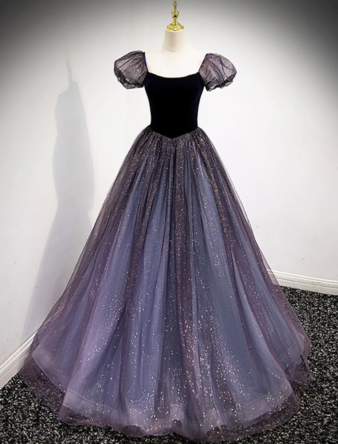 Dresses Engagement Floor Length Short Sleeve Square Neck Tulle with Sequin Splicing - TREBLEV