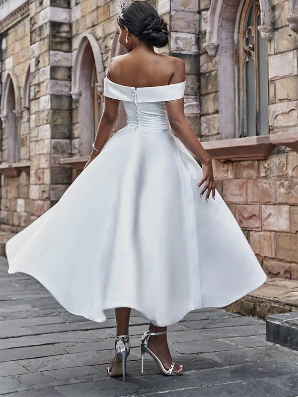 A-Line/Princess Satin Ruffles Off-the-Shoulder Sleeveless Ankle-Length Wedding Dresses - TREBLEV