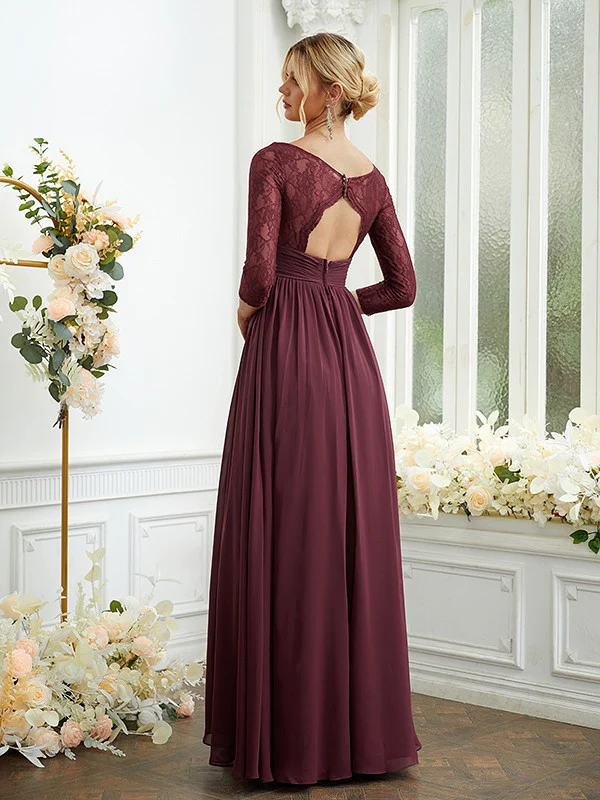 A-Line/Princess Chiffon Lace V-neck Long Sleeves Floor-Length Bridesmaid Dresses - TREBLEV