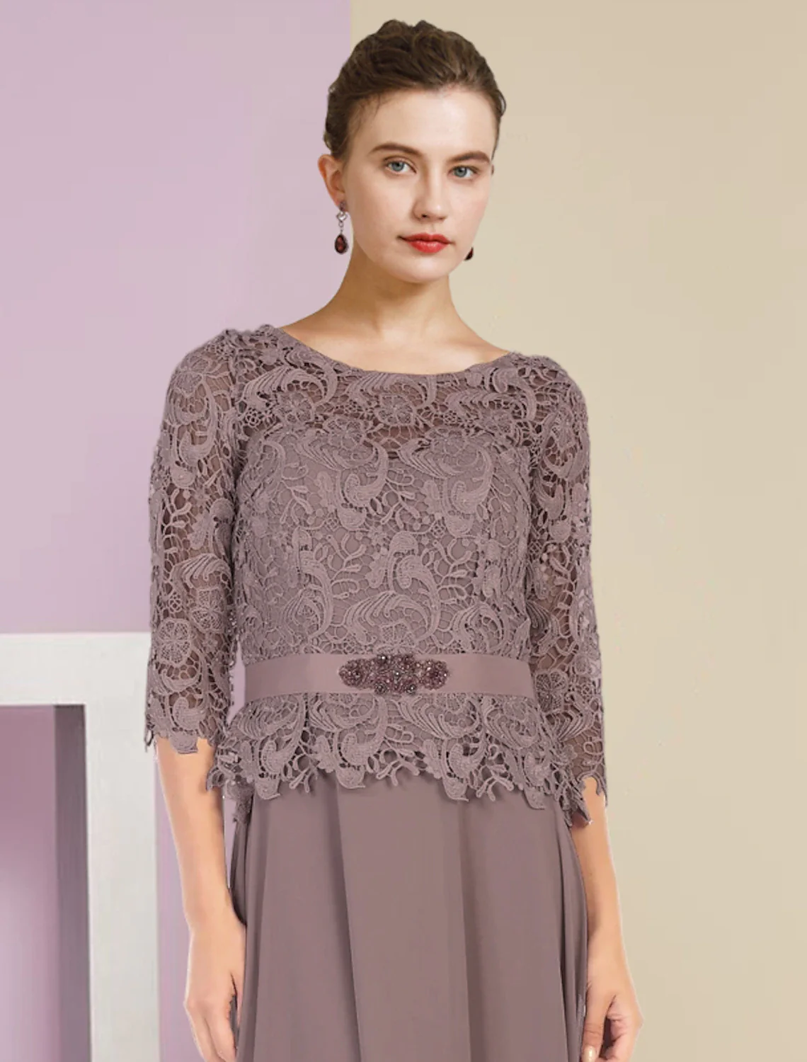 Two Piece A-Line Mother of the Bride Dress Formal Wedding Guest Elegant Scoop Neck Floor Length Chiffon Lace 3/4 Length Sleeve Wrap Included with Appliques Crystal Brooch - TREBLEV