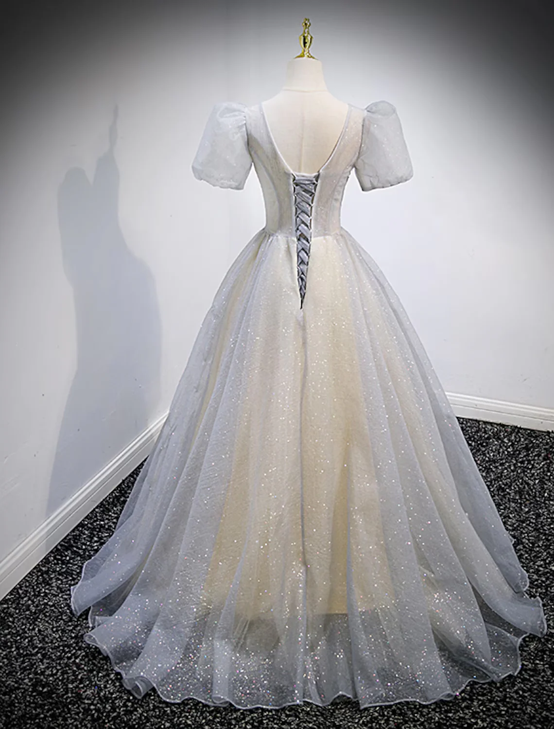 Ball Gown Quinceanera Dresses Maxi Dress Performance Sweep / Brush Train Short Sleeve V Neck Tulle with Crystals - TREBLEV