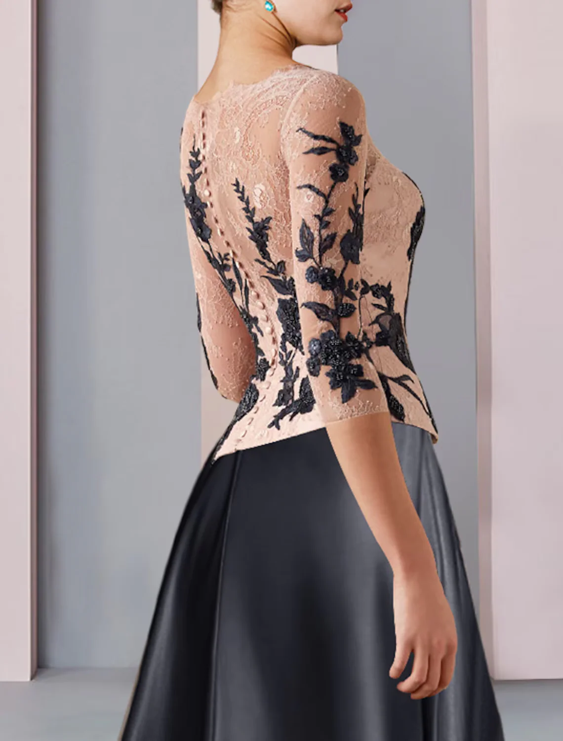 A-Line Mother of the Bride Dress Formal Wedding Guest Party Elegant V Neck Satin Lace Length Sleeve with Pleats - TREBLEV