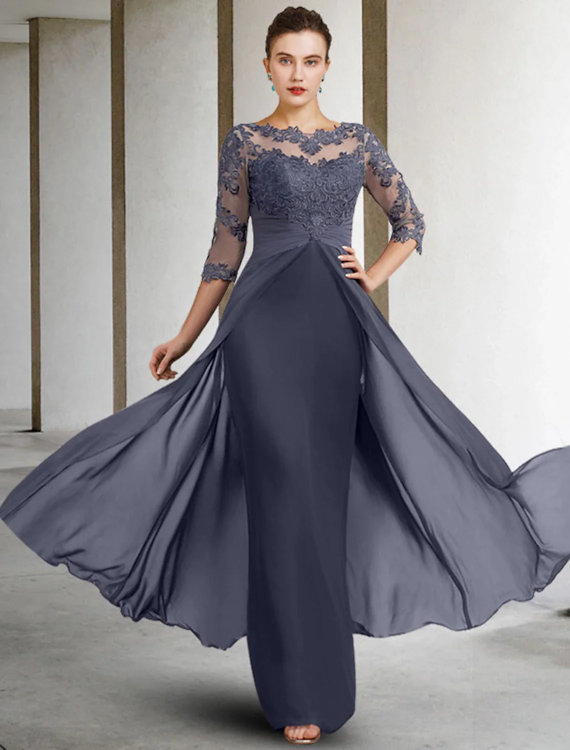 Sheath / Column Mother of the Bride Dress Elegant Jewel Neck Floor Length Chiffon Lace 3/4 Length Sleeve with Ruched Appliques - TREBLEV
