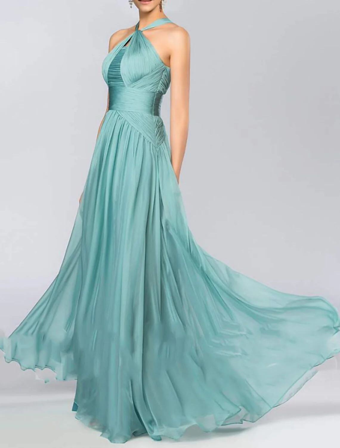 A-Line Bridesmaid Dress Halter Neck Sleeveless Elegant Floor Length Chiffon with Pleats / Draping - TREBLEV