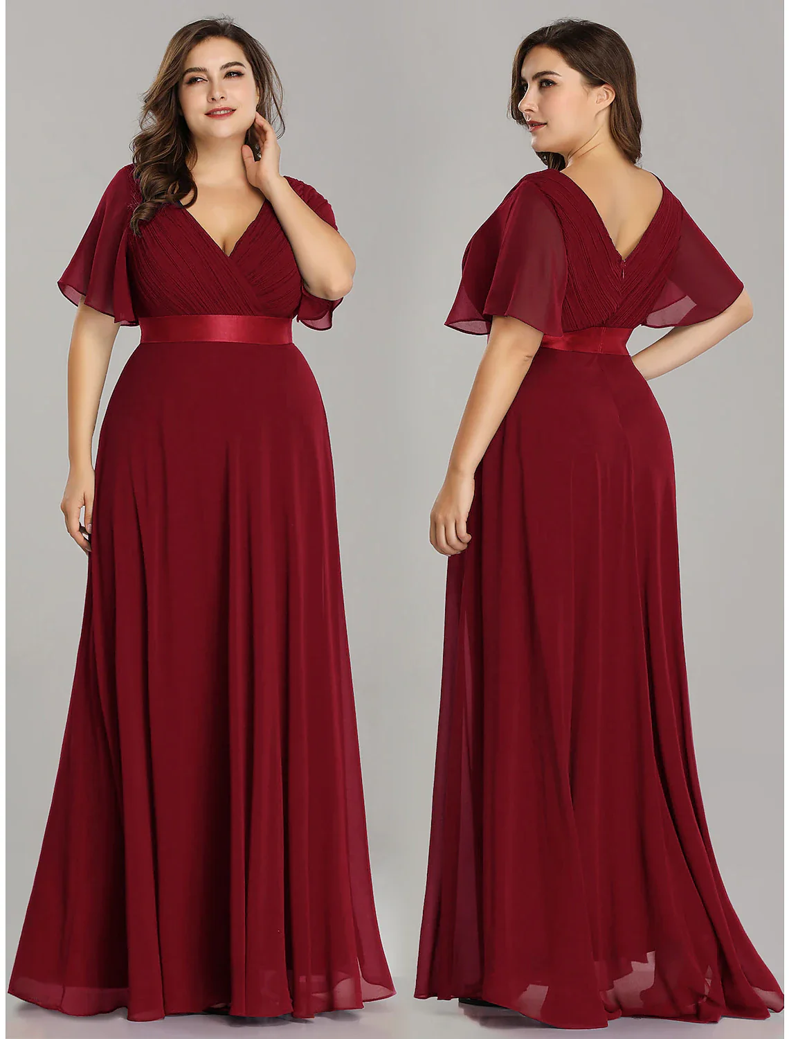 A-Line Empire Fall Wedding Guest Dress For Bridesmaid Plus Size Formal Evening Dress V Neck Short Sleeve Floor Length Chiffon with Pleats Ruched - TREBLEV